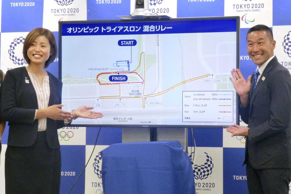 東京五輪・パラリンピックのトライアスロン・コースを紹介する田山寛豪（右）とパラトライアスロンの秦由加子