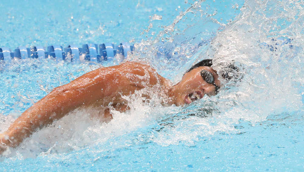 アジア大会競泳男子１００メートル自由形決勝　金メダルを獲得した塩浦（撮影・木村　揚輔）