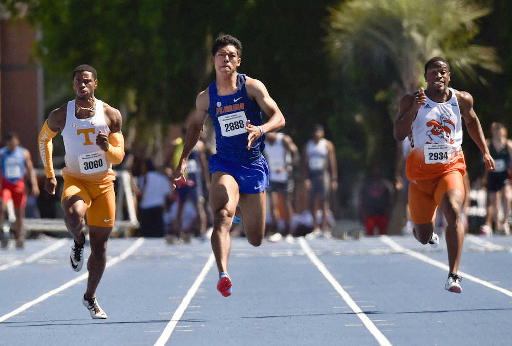 米フロリダ大競技会陸上男子短距離100メートル　追い風2・2メートルの参考記録で10秒06のサニブラウン（中央）