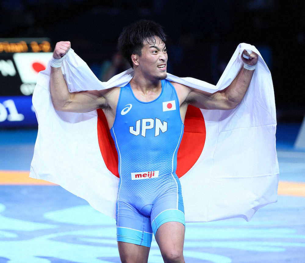 男子グレコローマン63キロ級決勝、金メダルを決め歓喜の太田（撮影・会津　智海）