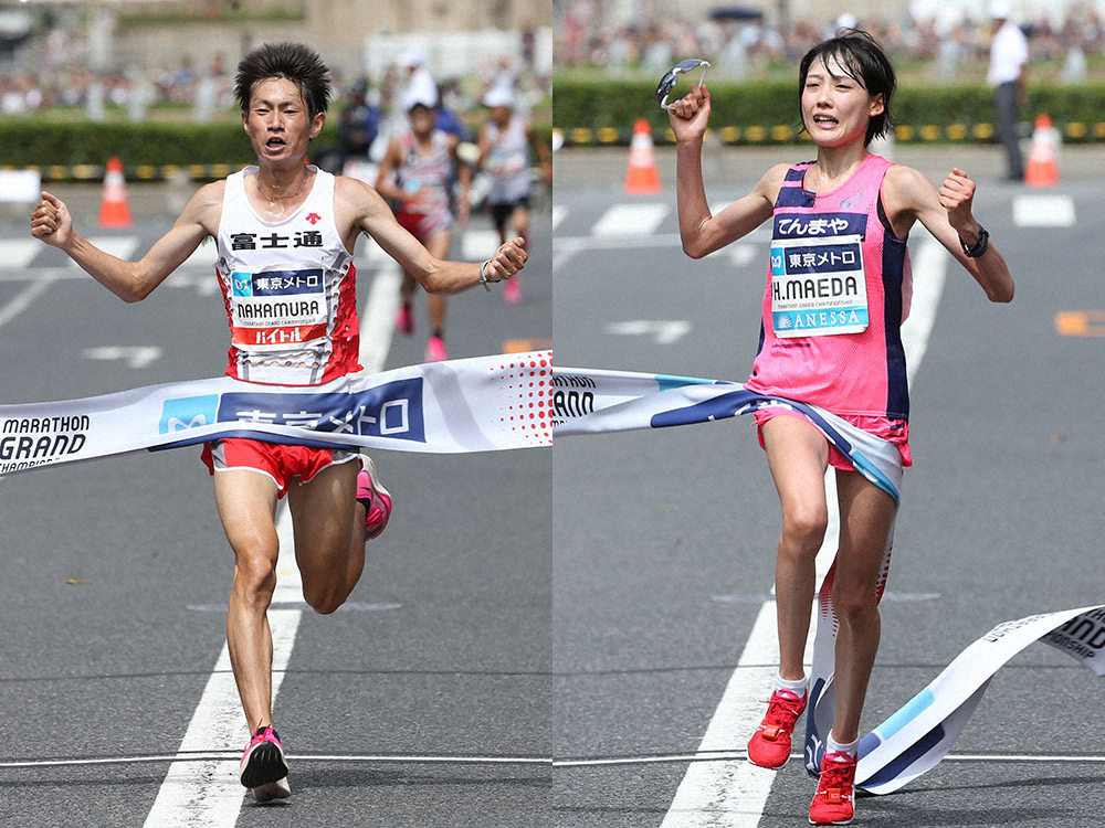 マラソングランドチャンピオンシップを制した、男子・中村匠吾（左）、女子・前田穂南