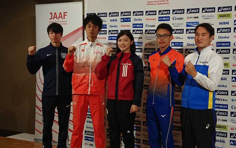 【画像・写真】日本選手権前日会見で笑顔の（左から）池田尚希、高橋英輝、岡田久美子、山西利和、藤沢勇