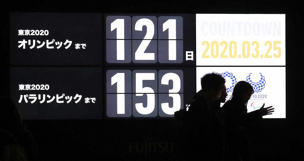 東京五輪開幕までの日数を伝える新橋駅前の大型モニター。日付が25日に変わり、日数は「121日」に（撮影・尾崎　有希）