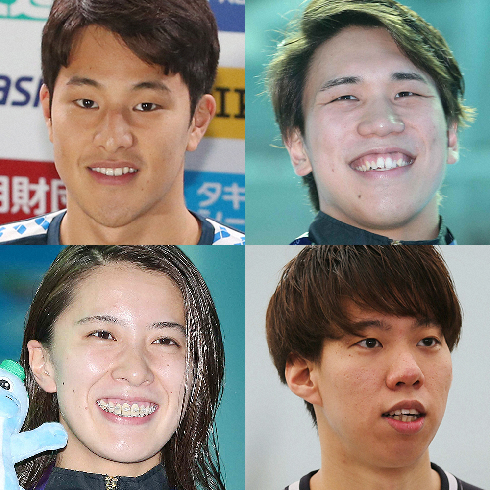19年世界選手権メダリストの（上段左から時計回り）瀬戸大也、松元克央、渡辺一平、大橋悠依