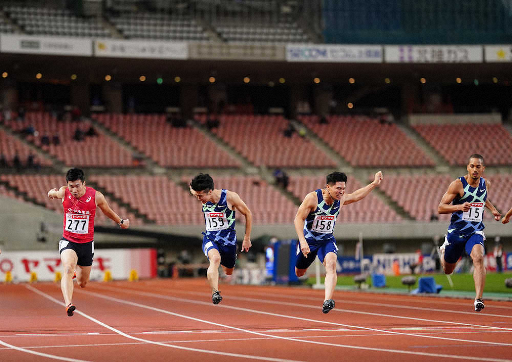 ＜日本陸上第2日＞男子100メートル決勝、力走する（左から）桐生祥秀、多田修平、小池祐貴、ケンブリッジ飛鳥（撮影・小海途　良幹）