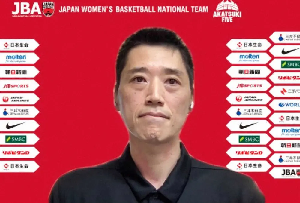22日、オンラインで記者会見するバスケットボール女子日本代表の恩塚亨新監督