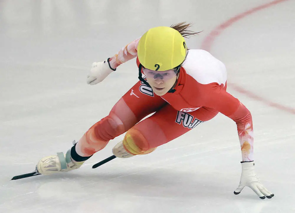 第32回全日本ショートトラックスピードスケート距離別選手権大会　女子500メートルで優勝した菊池純礼（25日、帝産アイススケートトレーニングセンターで）