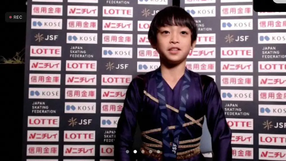 全日本ノービス選手権のB男子で初優勝し、オンライン取材に応じる岡崎隼士