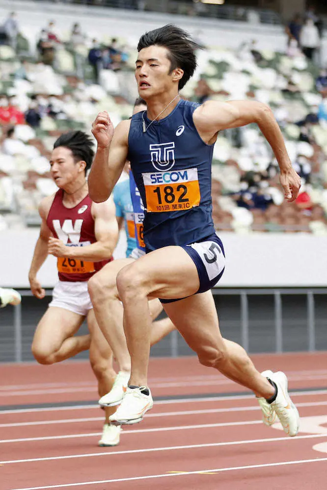 男子100メートル予選を全体トップの10秒29で通過した柳田