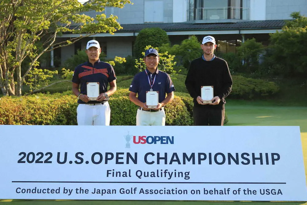 最終予選を勝ち抜いて全米オープン出場権を獲得した出水田大二郎（左）、杉山知靖（中央）、トッド・シノット（右）