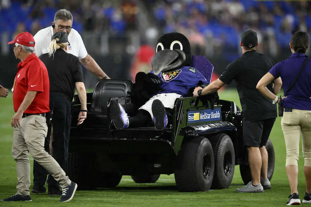 【画像・写真】NFLレイブンズにまさかの故障者　マスコットがハーフタイムに負傷してダウン　カートで搬送される