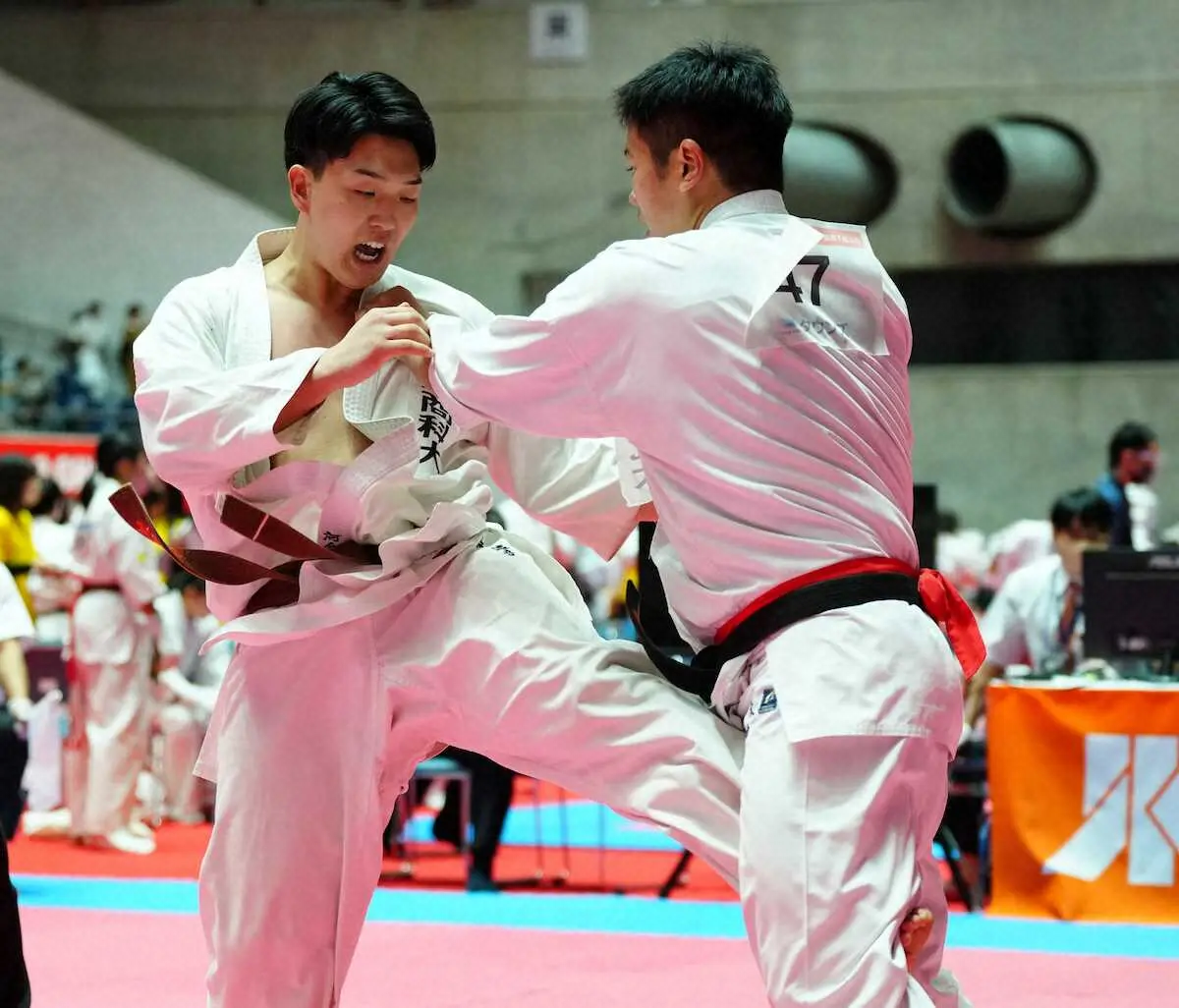 【画像・写真】＜全日本大学フルコンタクト空手道選手権＞1部男子重量級（75キロ以上）決勝、相手を攻める河合（左）＝撮影・木村　揚輔