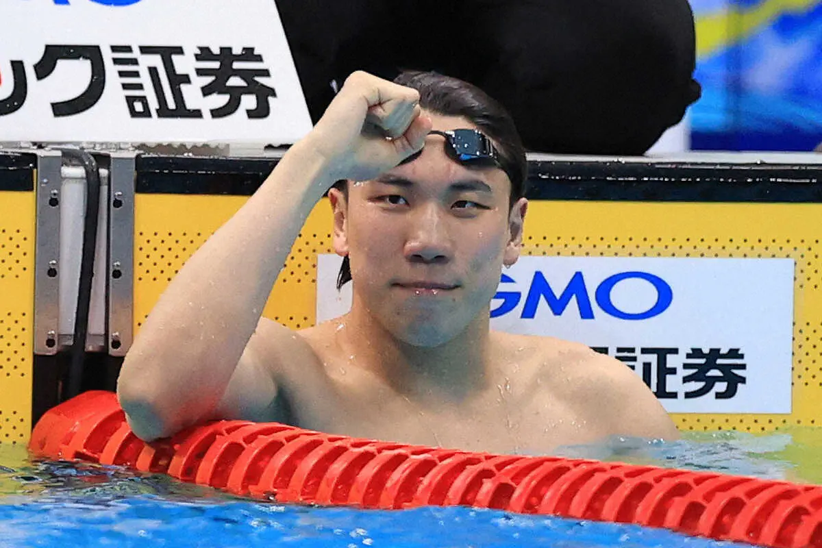 【画像・写真】＜第99回日本選手権水泳競技大会　3日目＞男子100メートル自由形決勝で日本新記録で優勝を果たし、ガッツポーズの松元（撮影・河野　光希）