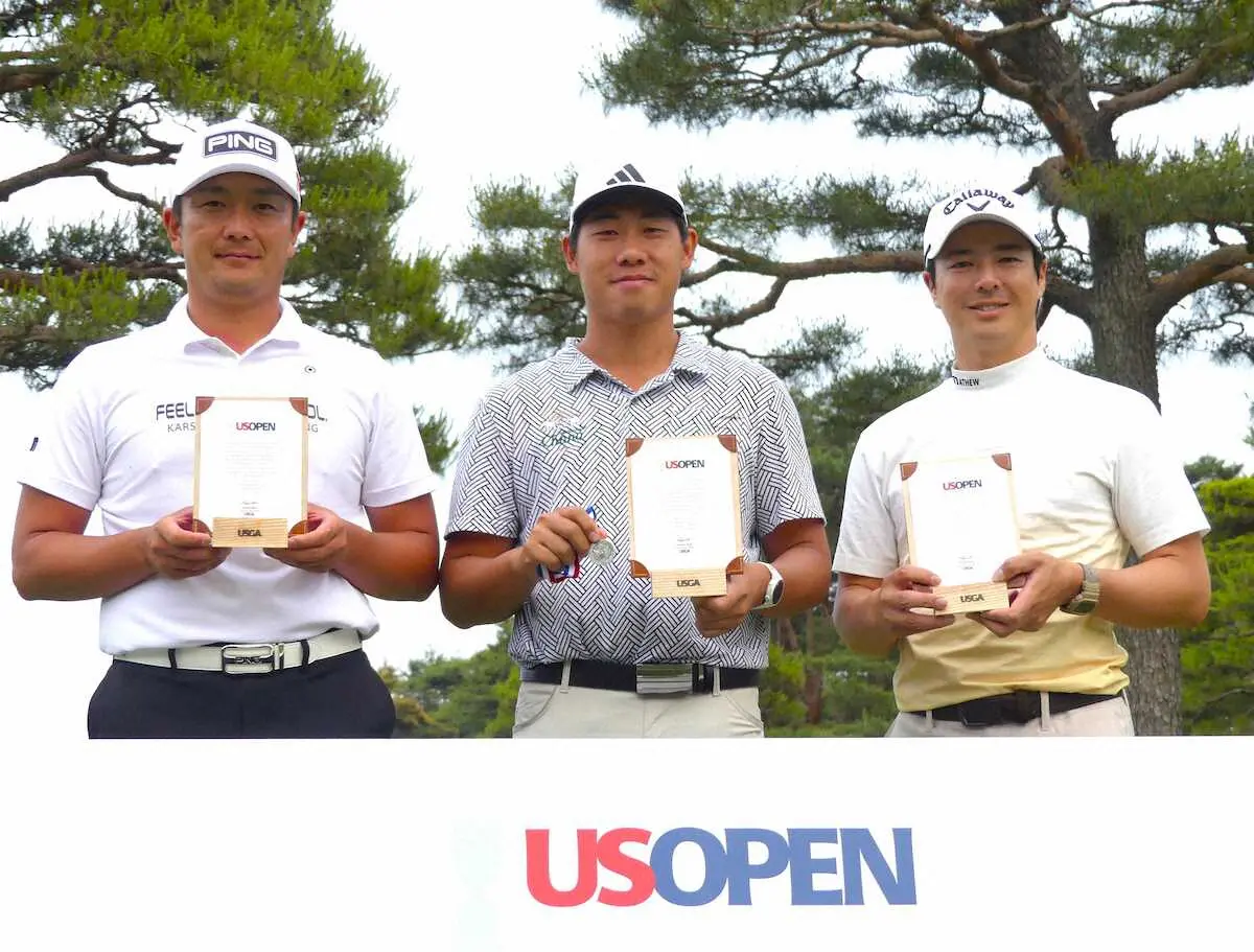 全米オープン出場権を獲得した（右から）石川遼、G・チャルングン、永野竜太郎