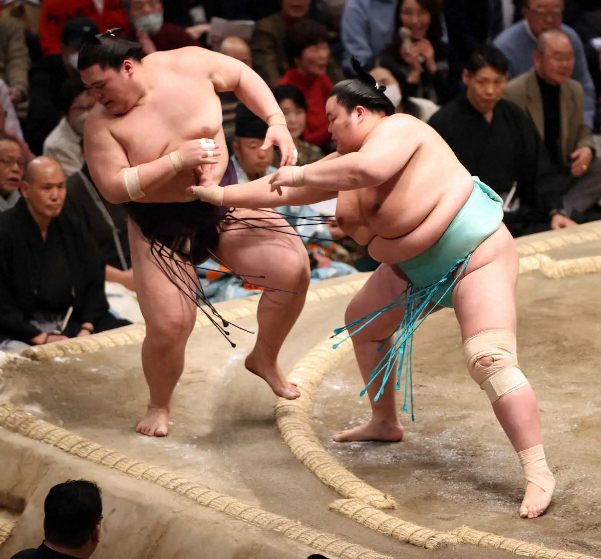【画像・写真】＜初場所11日目＞王鵬（左）を押し出しで下す琴ノ若（撮影・久冨木　修）　
