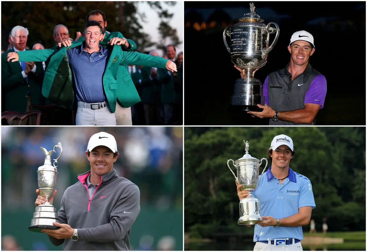 【画像・写真】キャリアグランドスラムを達成したマキロイ。右下が11年全米オープン、右上が12年全米プロ選手権、左下が14年全英オープン、左上が25年マスターズ（ロイター）