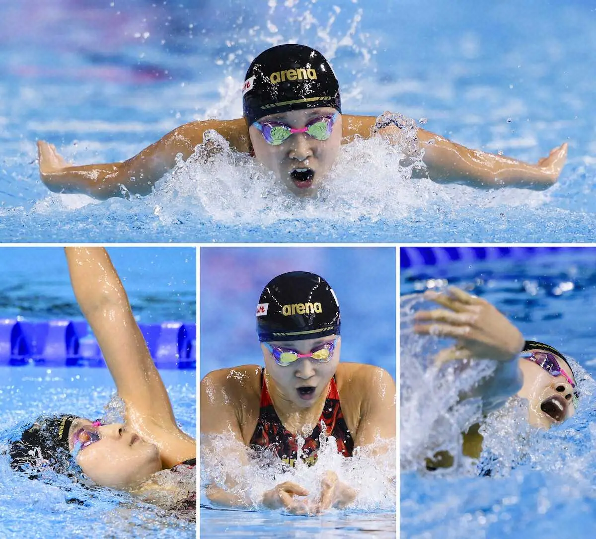 【画像・写真】女子400メートル個人メドレーで銀メダルを獲得した成田実生。上から時計回りにバタフライ、自由形、平泳ぎ、背泳ぎ