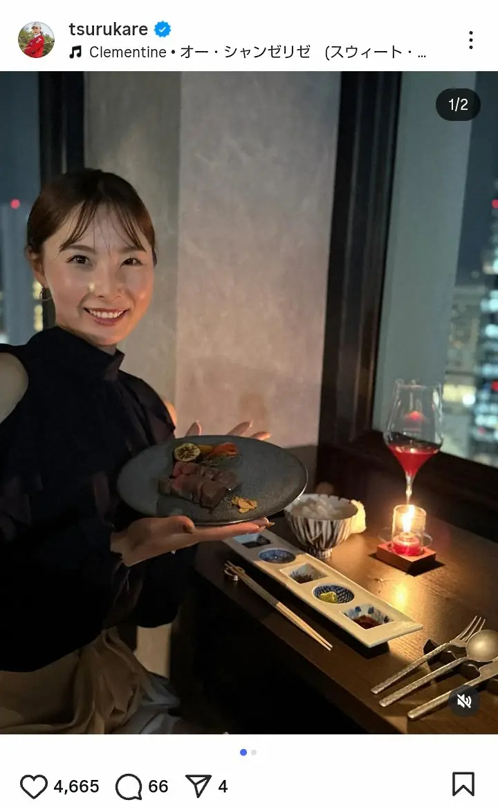 【画像・写真】女子ゴルフの鶴岡果恋　おしゃれファッションで「美味しいご飯」堪能ショットに「お奇麗です」「素敵」の声